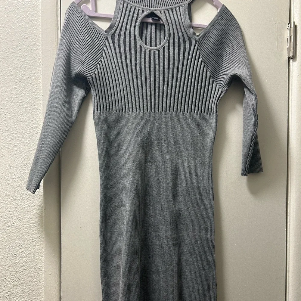 Gray Ribbed Cold Shoulder Dress - Picture 1 of 3